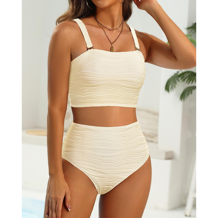 Світшотний бікіні-сет з високою талією – без бретелек, двочастинний купальник, трикотажний, довгий, повне прикриття, жіноча купальна білизна XL, бежевий
