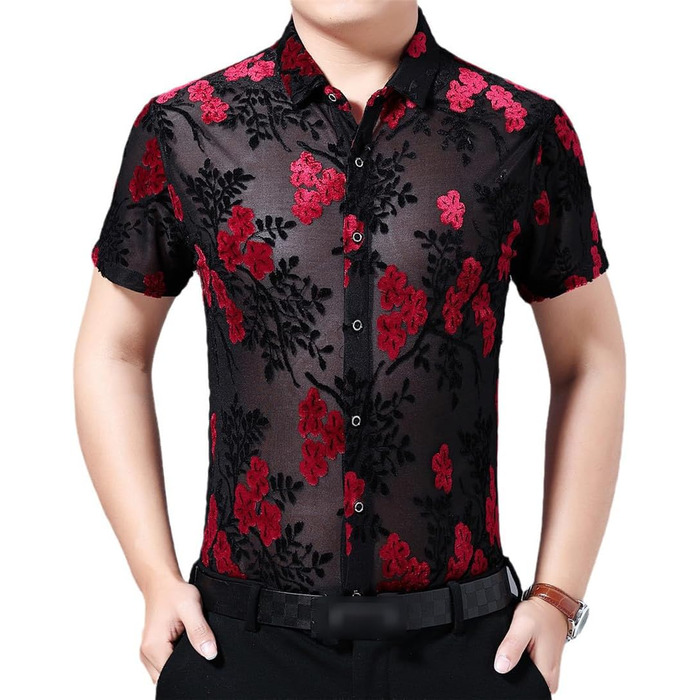 Чоловіча футболка з квітковим принтом, червона, обтислого крою, для клубів, весна, розмір EU L (77-85 кг)