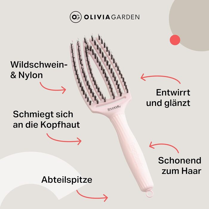 Щітка для волосся Olivia Garden Fingerbrush Care Iconic з щетиною кабана та нейлоном для розплутування та блиску, Pastel Pink Medium