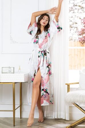 Халат жіночий довгий шовковий атласний, Kimono з принтом павича, BABEYOND