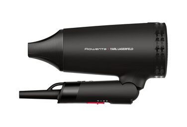 Компактний дорожній фен Rowenta x Karl Lagerfeld CV184L Express Style, чорний — складаний, ультралегкий, з функцією Glanz-Booster та Dual-Volt