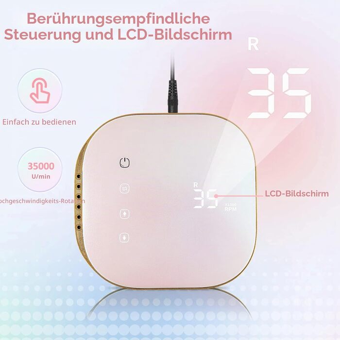 Професійний електричний апарат для манікюру та педикюру Madenia TouchPro, 35000 об/хв, для гель-нігтів та штучних нігтів, з HD-дисплеєм та набором з 6 фрез (Laser Pink)