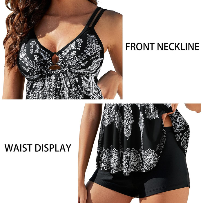 Жіночий двочастинний купальник Push-up, танкіні з високою талією, чорний з принтом (XXL)