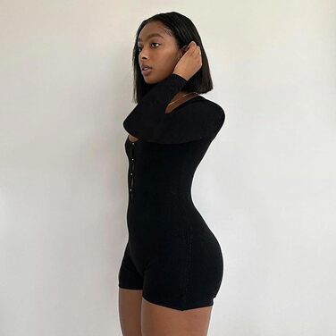 Комбінезон жіночий Hanaoops, короткий, облягаючий, з довгим рукавом, йога-комбінезон, вирізи, круглий виріз горловини, бодікон, еластичний, безшовний, чорний