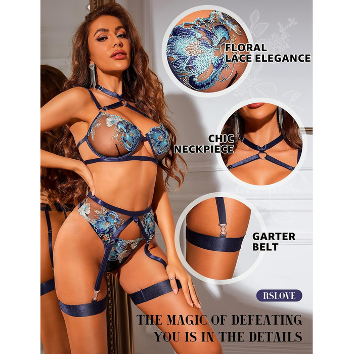 RSLOVE Комплекти нижньої білизни для жінок - Сексуальна спідня білизна з бретелями, мереживна піжама, комплект бюстгальтера та трусиків з стрічкою, XL, блакитний
