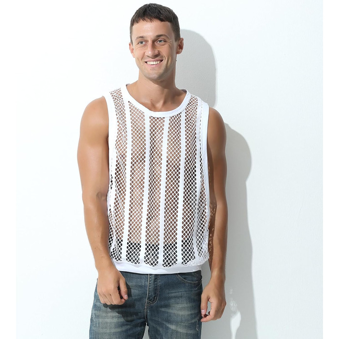 Чоловіча майка Evankin з мереживом у смужку, прозора, без рукавів, майка-топ, прозора, білий/Opulenter Garten (L)