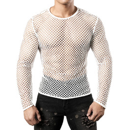 Чоловіча футболка JOGAL з мереживом, прозора, з довгим рукавом, біла, розмір XL