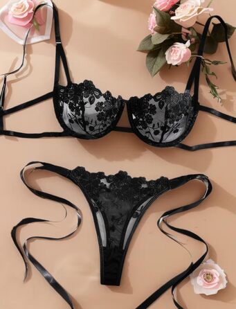 Сексуальна жіноча білизна Maeau: комплект бюстгальтера та танга з мереживом, мережаний прозорий трусики, пуш-ап, чорний, S-XL