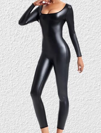 Комбінезон-боді з екошкіри для жінок Ausing. Боді, стрейч, глянцевий, для вечірок, карнавалу, Хелловіну, клубу. Чорний колір.
