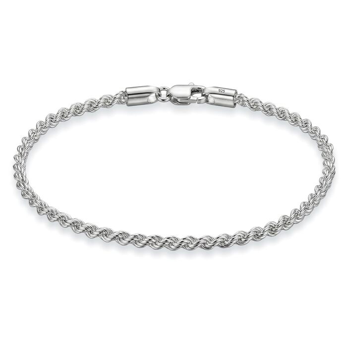 Срібний браслет LeCalla 925 Sterling Silver 4 мм, класичний плетений ланцюг «канатка» з алмазною огранкою, Італія, довжина 8 дюймів (унісекс)