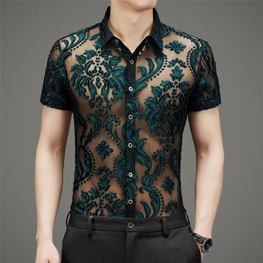 Чоловіча сорочка Yeuyyben чорна прозора з квітковим мереживом, сітка, короткі рукави, розмір XL