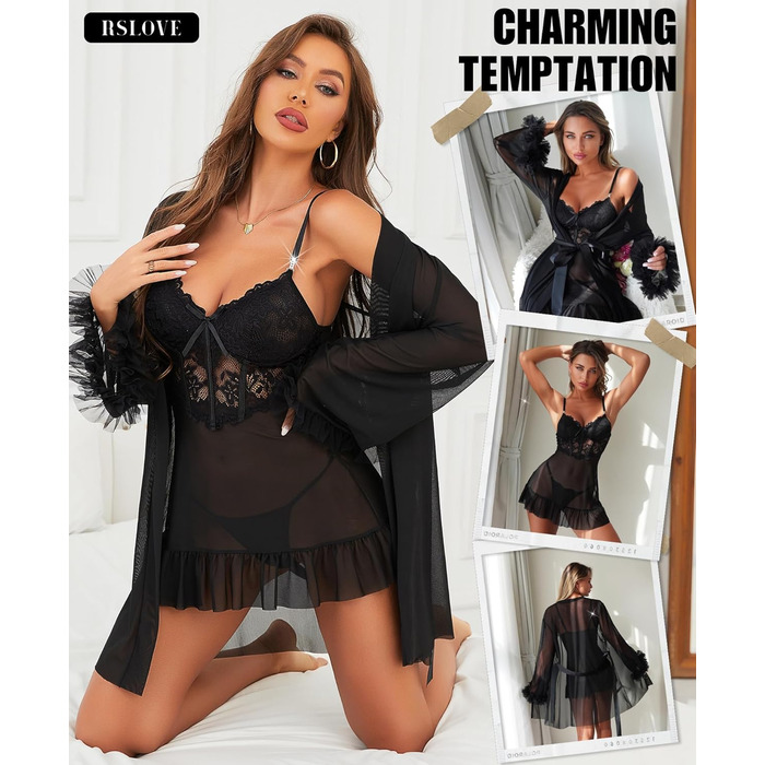 RSLOVE Комплект сексуальної білизни для жінок - мереживний комплект ніжної піжами, халат, 2-частинний неглиже, нічна сорочка, чорний M
