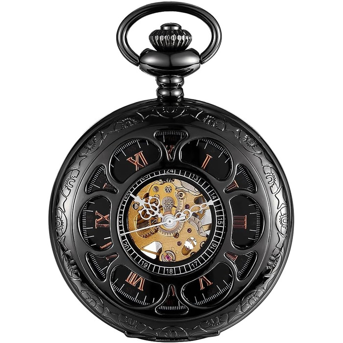 Чоловічий кишеньковий годинник ShoppeWatch з ланцюжком, механічний з ручним заводом, вінтажний стиль стімпанк (чорний)