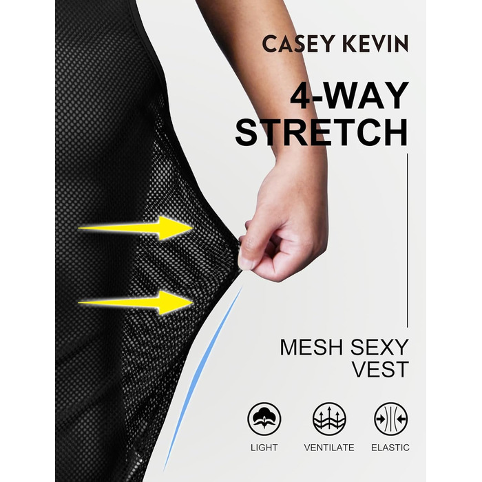 Чоловіча майка-сітка Casey Kevin Herren Netz Tank Top, прозора, з круглим вирізом, для клубної моди, чорна A1