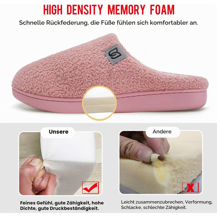Жіночі теплі капці WateLves з ефектом пам'яті (Memory Foam), протиковзаючі домашні тапочки з штучним хутром на плоскій підошві, рожеві, розмір 41.5 EU