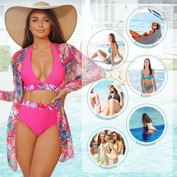 Жіночий комплект бікіні з 3 предметів, купальник з зав'язками на шиї (рожевий, розмір M)