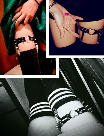 Жіночі шкіряні набедрені стяжки Adobe з регулюванням, набедрена стяжка у формі серця з кліпсами, готичний панк стиль, для високих шкарпеток, 2 шт. чорного кольору, 2 шт. з білим мереживом