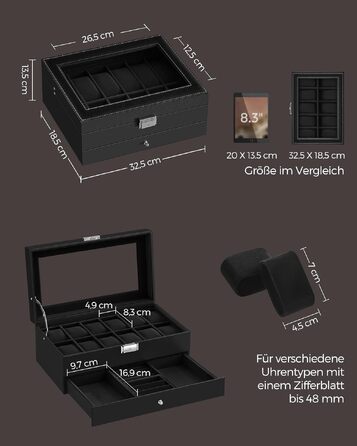 Бокс для годинників SONGMICS зі скляною кришкою на 12 годин, 2 рівні, з замком та шухлядою, чорний (JWB012B03)