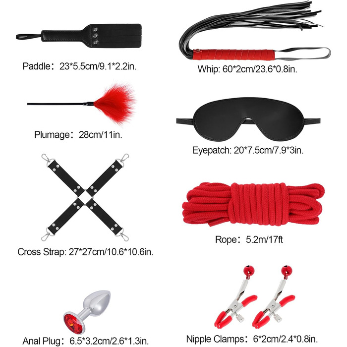 Набір для БДСМ: мотузки, наручники, петиші, маски, петиші, пару (червоний та чорний)