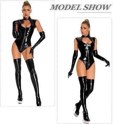 Комбінезон SEAUR для жінок, облягаючий, еластичний, з ефектом мокрого блиску, з штучної шкіри, для вечірок, костюм кота, піжама, чорний, розмір 38-40