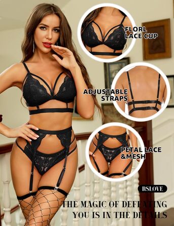 RSLOVE Комплект спідньої білизни для жінок: мереживний ті Body з глибоким вирізом, бюстгальтер та трусики, чорний