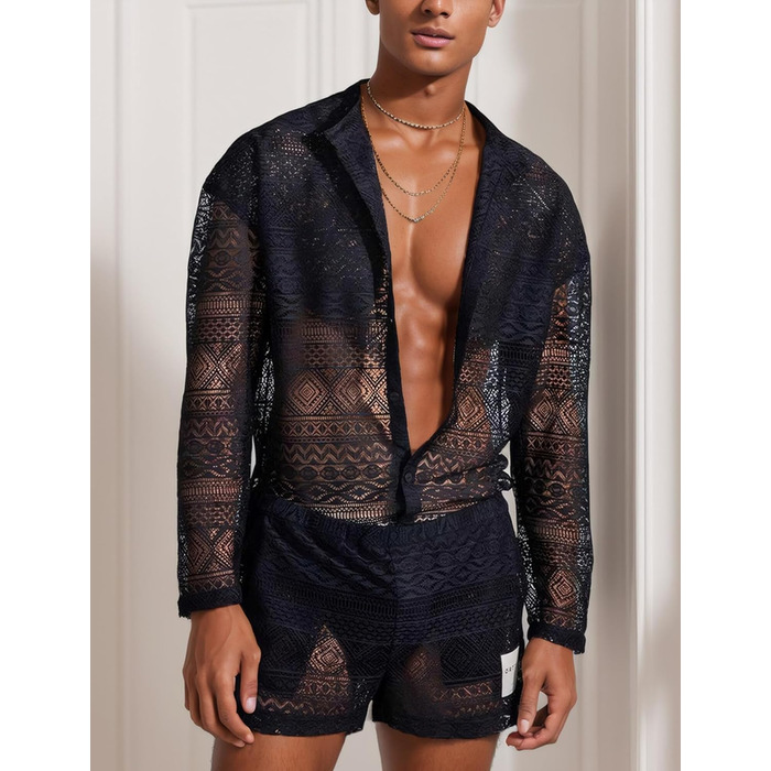 Panegy чоловічий комплект: мереживкова сорочка-туніка та шорти, сітка, чорний