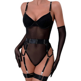 EVELIFE Комплект жіночої білизни: мереживний боді, стрінги та рукавички. Чорний, розмір 36