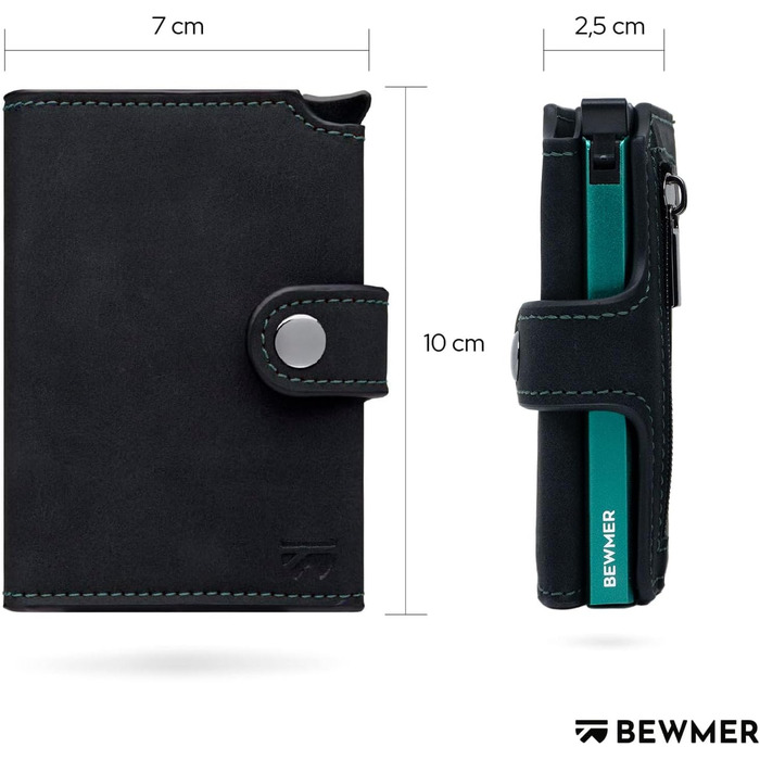 Слім-гаманець BEWMER v2 з монетницею та RFID-захистом для чоловіків та жінок, картхолдер з антиклонінгом на 9 карток та відділенням для купюр (Чорний-бірюзовий)
