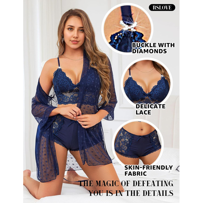RSLOVE Комплект сексуальної білизни для жінок - мереживний халат, бюстгальтер та труси, S, темно-синій