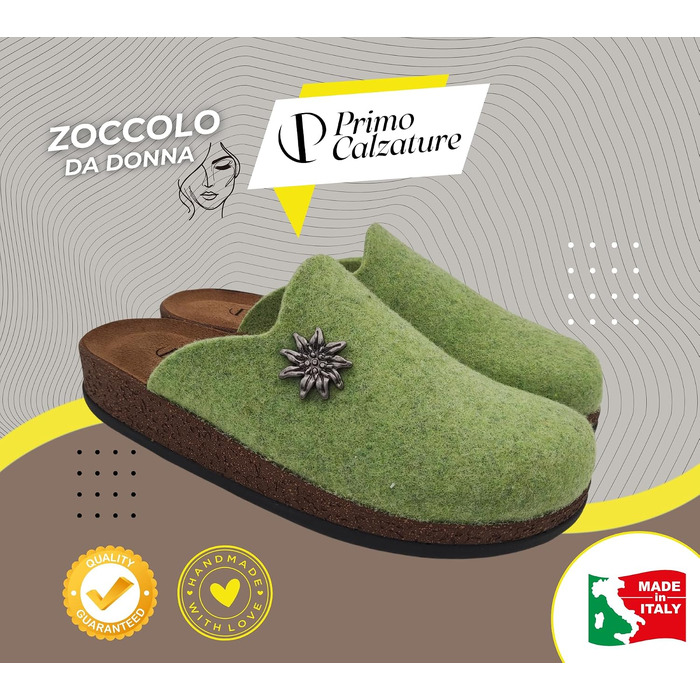 Зимові домашні капці Alpine Clogs з вареної вовни для чоловіків та жінок, теплі тірольські пантолети, Made in Italy, світло-зелені, розмір 39 EU