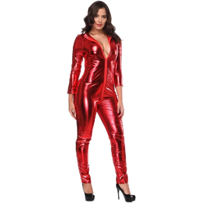 Жіноча піжама/костюм з латексу з блискавкою, костюм кота, червоний, XL