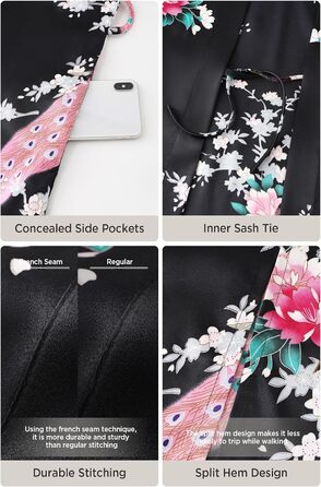 Чоловічий халат BABEYOND з довгим рукавом, шовковий сатин, кімоно, принт 'павич', чорний