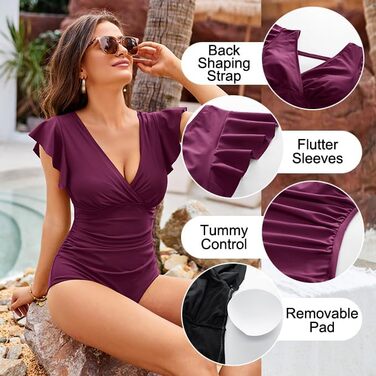 GRACE KARIN купальник жіночий корегуючий, суцільний, V-подібний виріз, монокіні, фігурна майка, рукава-крила, літній, одноцільний (XXL, пурпуровий)
