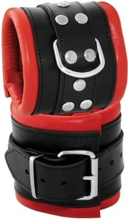 Набір для фіксації Bondage з широкими ремінцями 8 см, шкіра, з м'якою підкладкою (ручні та ножні кайдани + нашийник), червоно-чорний колір, преміум-якість