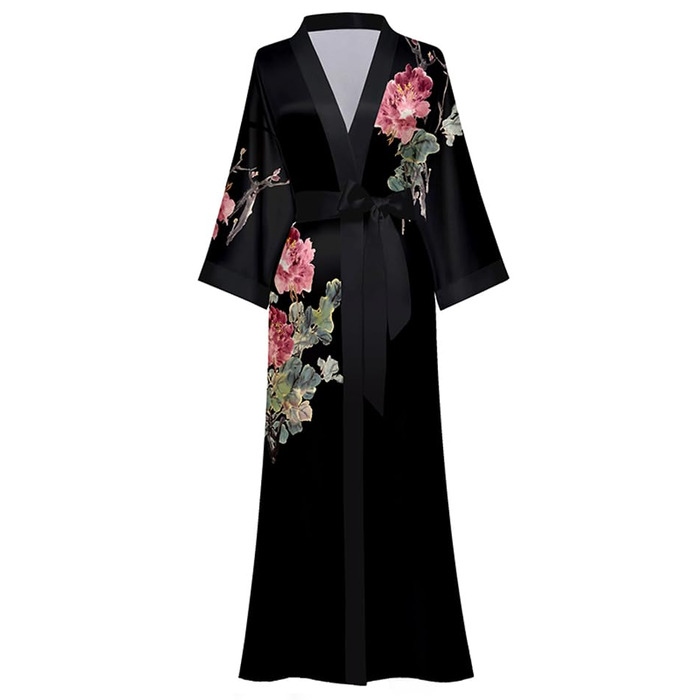 Чоловічий халат-кімоно з довгим рукавом з атласу, квітковий принт, чорний - Піон