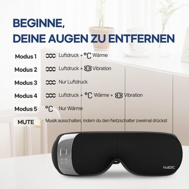 Масажер для очей HubiCare з функціями підігріву та охолодження, 3D-повітряним компресійним масажем, вібрацією та Bluetooth, чорний