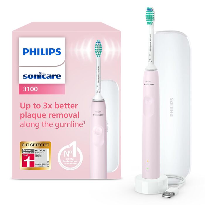 Електрична зубна щітка Philips Sonicare Series 3100 HX4033/21 зі звуковим очищенням, датчиком тиску та дорожнім чохлом, Рожева
