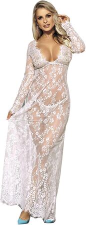 Сукня для вагітних ComeOnDear з мереживом, довга, з довгим рукавом, V-подібний виріз, прозора, неймовірна, з G-String (3XL-4XL, Білий)