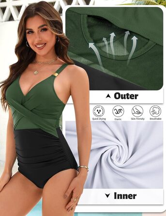 Спортивний купальник для жінок з ефектом корекції фігури, великі розміри, Push Up, висока талія, з чашками, Bademode, зелений та чорний, XXL