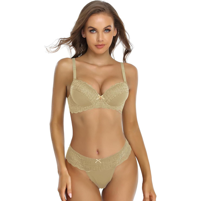 SHEKINI Комплект жіночої білизни: мереживний бюстгальтер та труси танга. Push-up, бюстгальтер з кісточками, сексуальна білизна, комплект (80B, колір тіла)