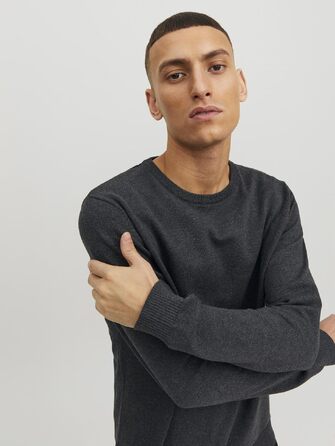 Чоловічий трикотажний джемпер Jack & Jones JJebasic Knit з круглим вирізом, темно-сірий меланж, розмір M