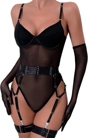 EVELIFE Комплект жіночої білизни: мереживний боді, стрінги та рукавички. Чорний, розмір 36
