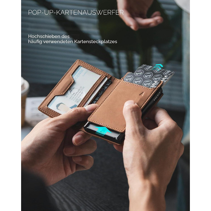 Чоловічий шкіряний картхолдер VULKIT з монетницею, вікном для ID та RFID/NFC захищеним алюмінієвим кейсом для 10 карток, Коричневий