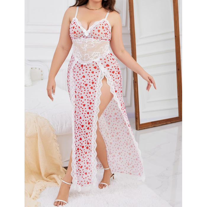 Babydoll для жінок Alrovetoney: мереживна піжама-сорочка з розрізами, біле серце, XL