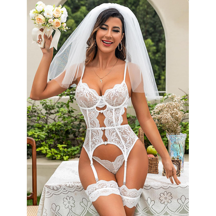 Daen Dessous Комплект Сексуальної Бюстгальтер-Боді та Штанці з Кружева, 3-частинний, S-XXL (Білий, XXL)