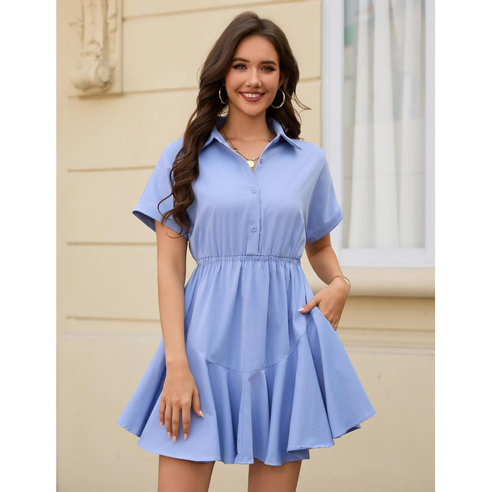 Сукня Beluring Bluenkleid жіноча літня коротка з V-подібним вирізом, з кишенями та ґудзиками, блакитна (XL)