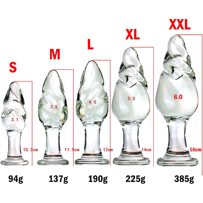 Скляний анальний плагін ScreaAss з спіраллю, набір 5 розмірів (31/35/40/50/60 мм), прозорий, для жінок та чоловіків