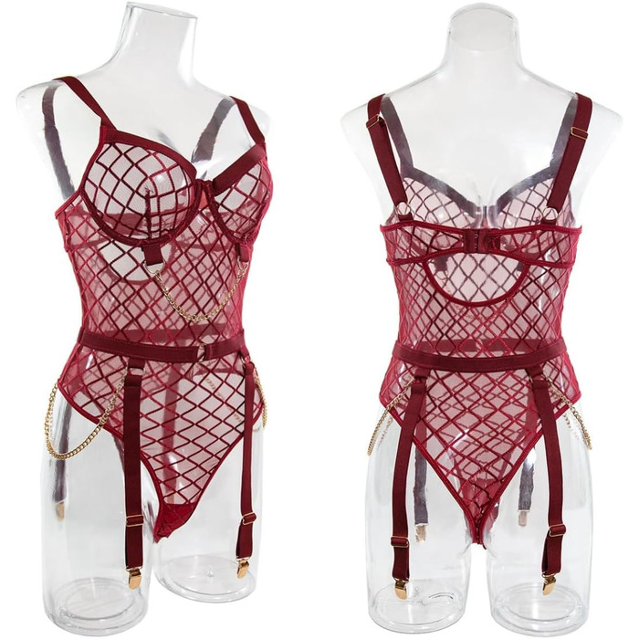 Боді-комбінезон жіночий мереживний SINROYEE з шкіряними вставками, червоний, розмір XL