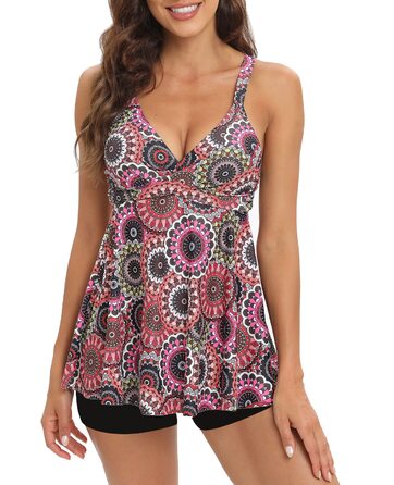 Двочастинний купальник Adigaber для жінок з пуш-ап, Tankini з шортами, спортивний дизайн (кола, M)