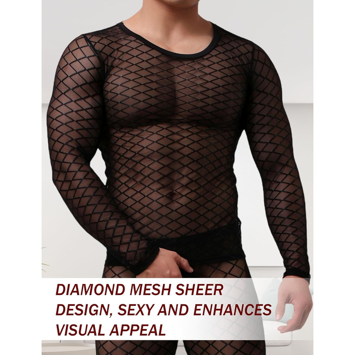 Чоловіча футболка з довгим рукавом Maeau, сітка, ромби, прозора, спортивна, M-XL, чорний колір